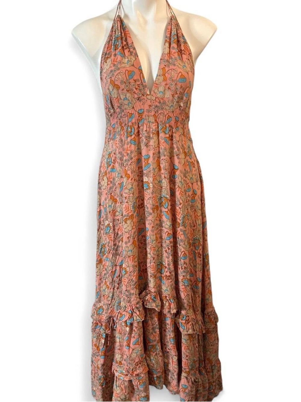 Halter Floral Multi Tier Ruffles Maxi Dress in Peach Blue
